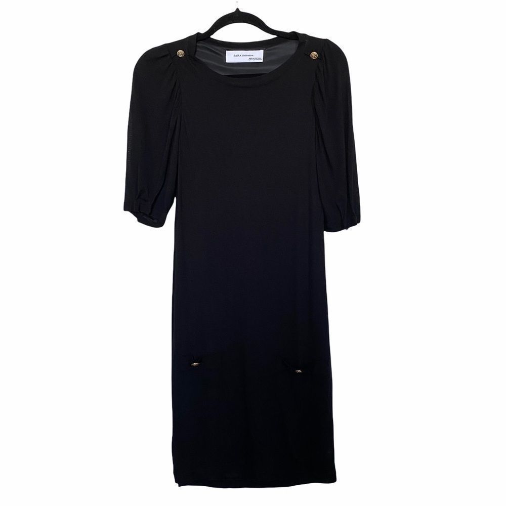 Zara Collection Sz M Black Knit Dress Puff Sleeve